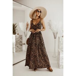 Women's Vintage Style V Neck Sleeveless Leopard Maxi Long Dress Size Large